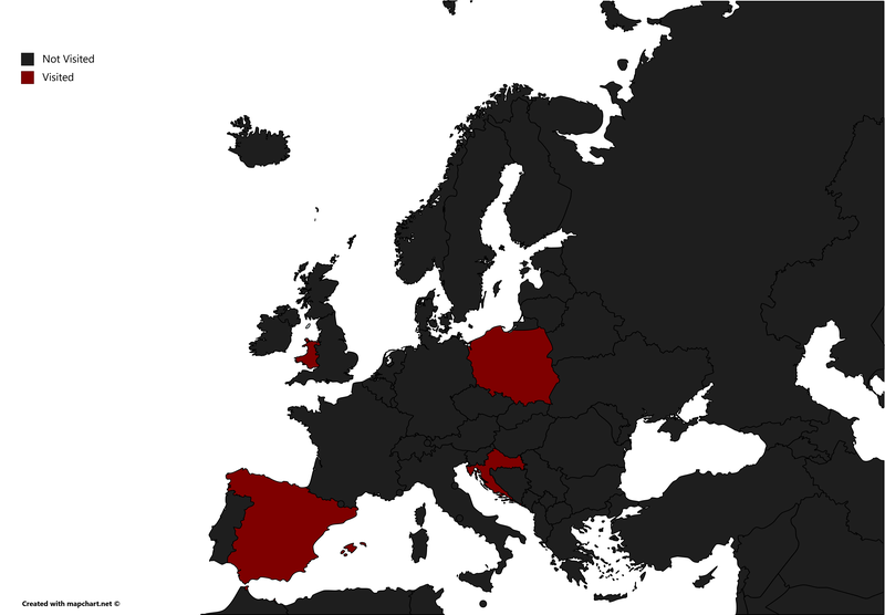 Map of Europe with Poland, Spain, Wales and Croatia marked.